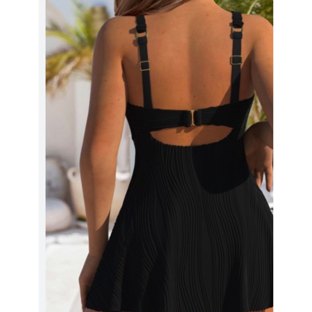 Black Pleated Underwire Swim Dress Gold Chain Straps Size L